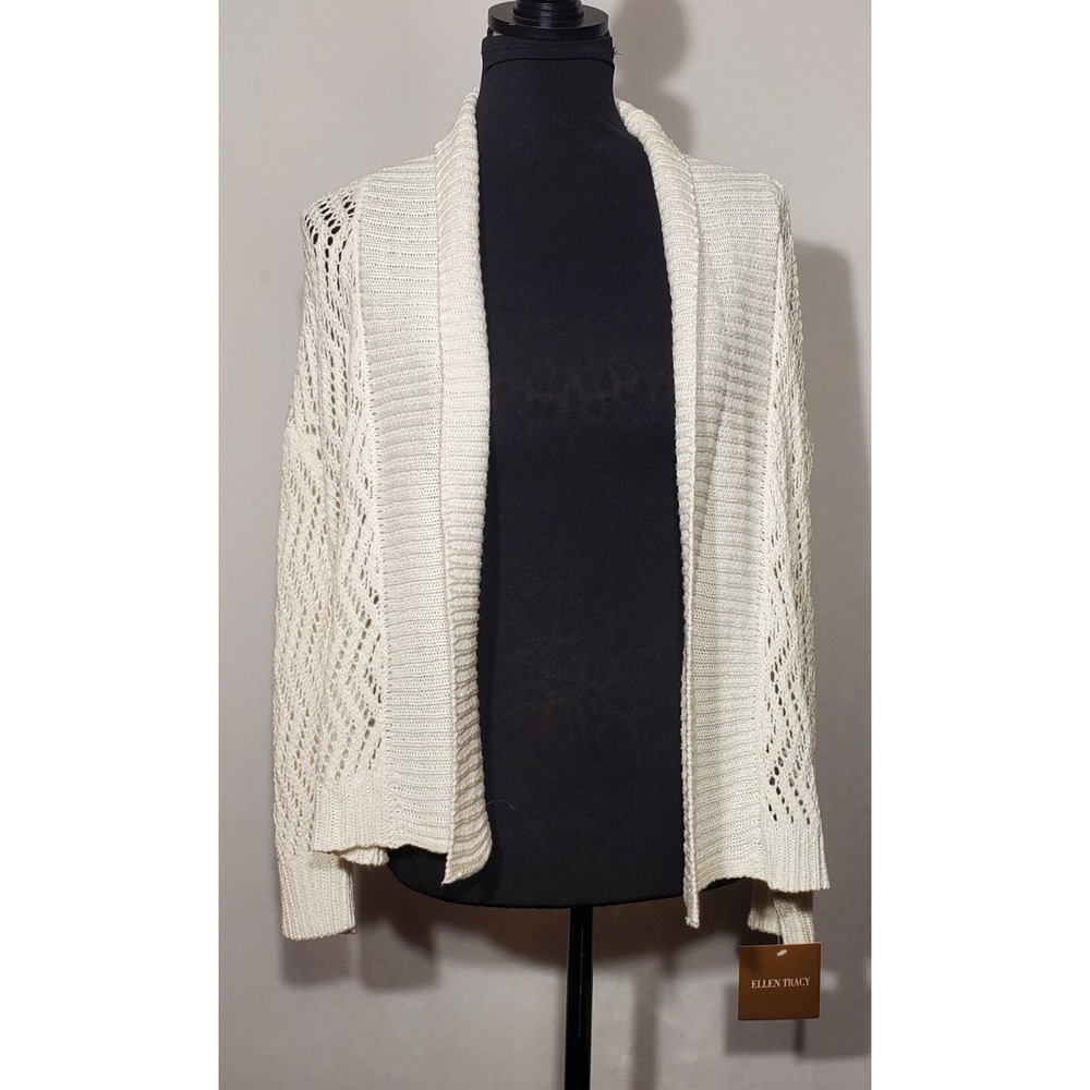 ELLEN TRACY White Crochet Shrug Open Sweater Sz L Shawl Collar Acrylic Long Slve